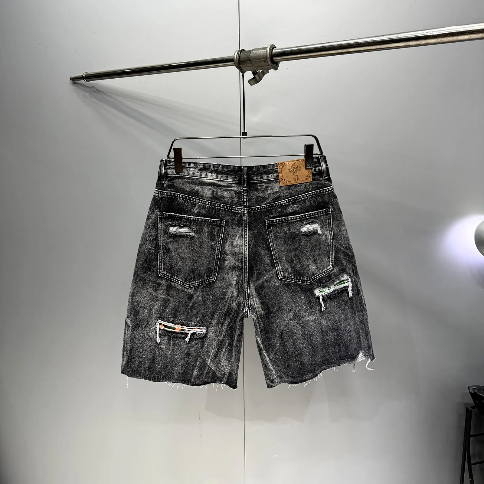 Mens Denim Shorts Embroidered Badge Patch Ripped Jeans Trendy Hip Hop Streetwear Washed Distressed Straight Fit Loose Summer