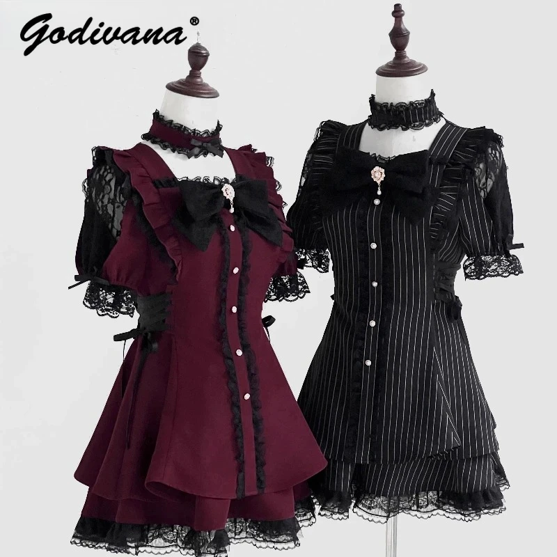 

Original Japanese Mine Mass-produced Dress and Shorts Set New Summer Girl Women's Choker Lace Short Sleeve Shirt Dress Shorts