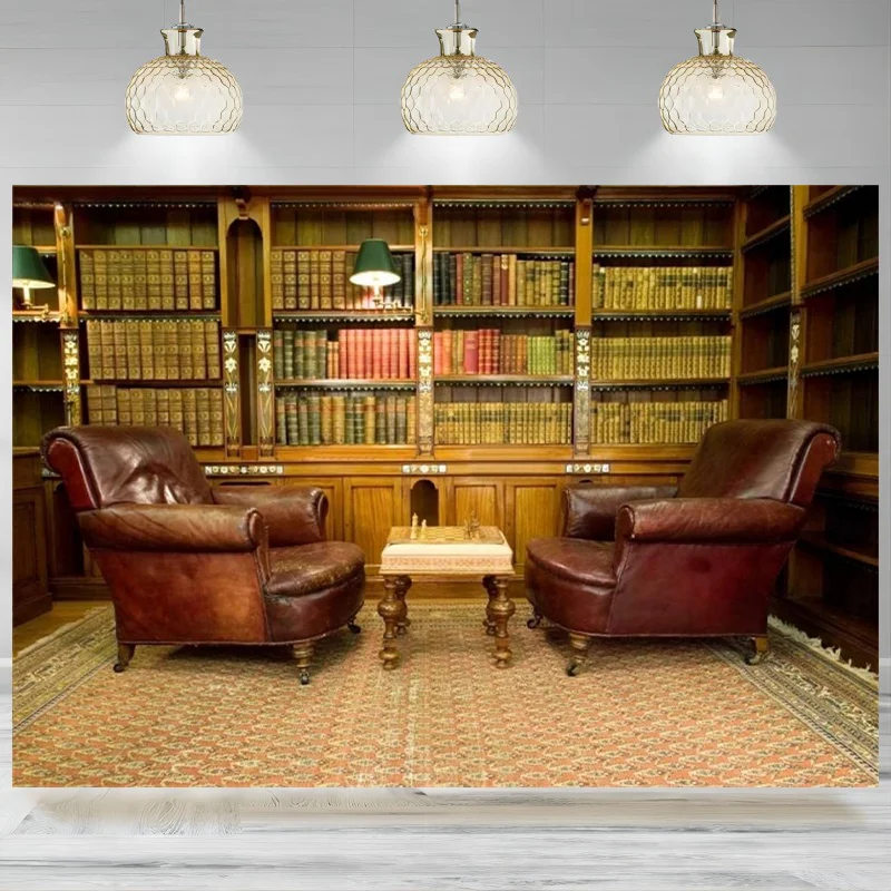 Vintage Luxury Study Bookshelf Backdrop Photography Sofa Business Conversation Room Bookcase Shelves  Background Banner