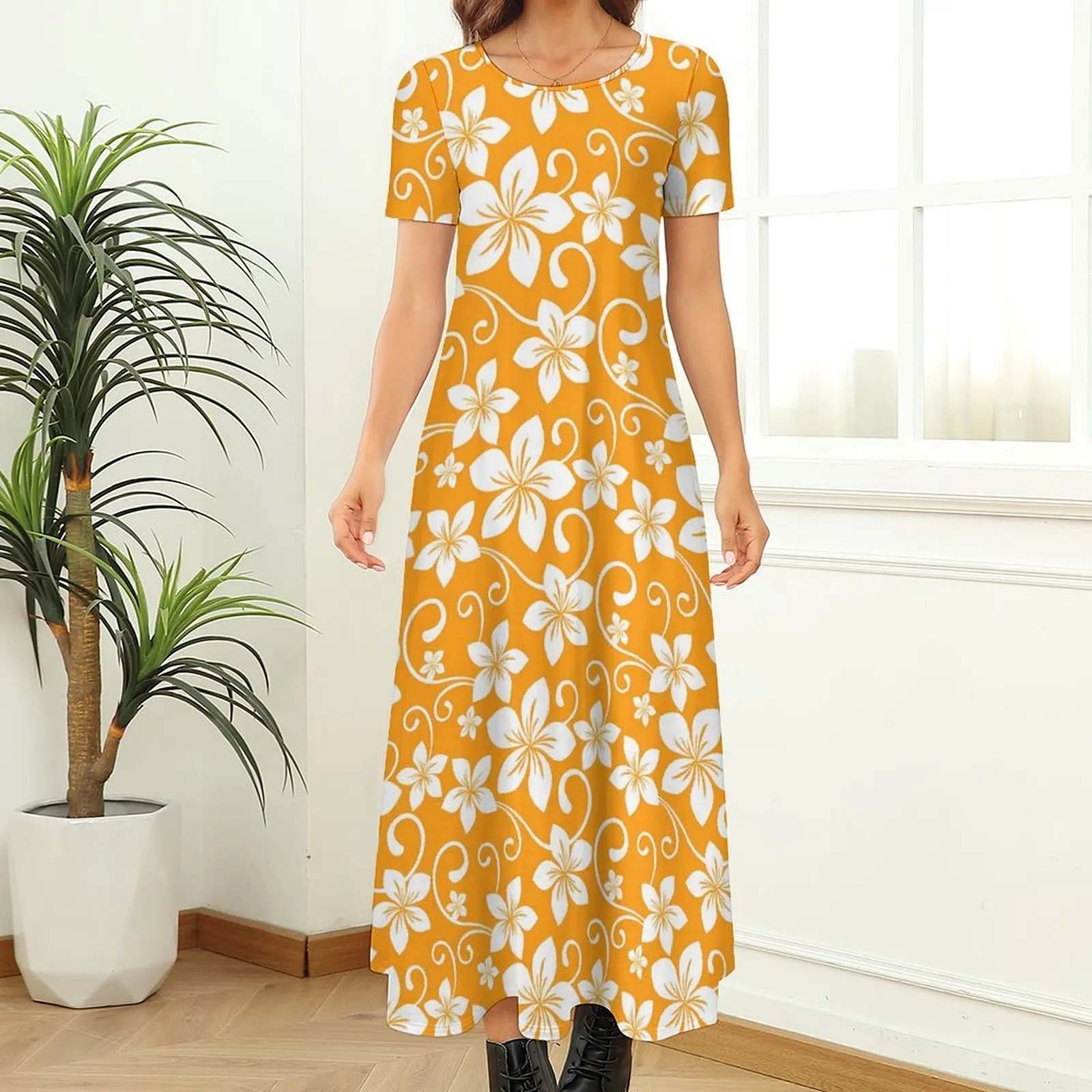 Tropical Floral Dress Yellow Flowers Print Party Maxi Dress Women Short Sleeve Aesthetic Boho Beach Long Dresses Big Size