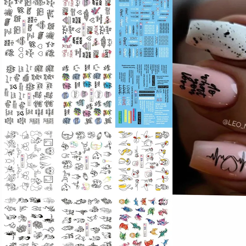 12Designs Geometry Letter Nail Water Decals Flower Leaf Slider Sticker Watercolor Floral Lines Nail Sticker Manicure Decoration