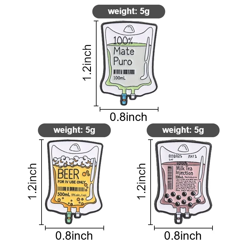 IV Drip Drink Enamel Pins Mate Puro Beer Boba Milk Tea Intravenous Fluid Brooches Lapel Badges Medical Jewelry Gift