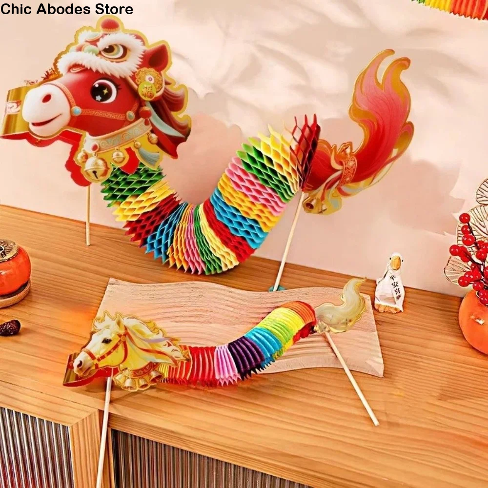 Caballo de Papel Chino de Dibujos Animados, Año del Caballo 2026, Caballo Dragón 3D, Artesanía Hecha a Mano, Adornos de Caballo Portátiles para Boda