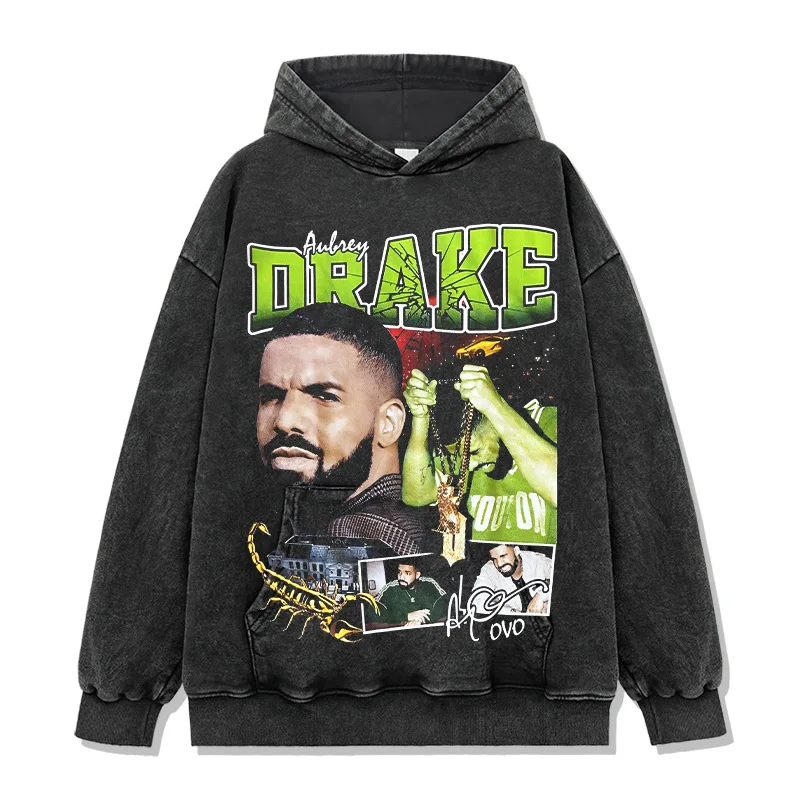 

Drake Printed Short Sleeved American Retro Cosplay Drake T-shirt Washed and Worn Long Sleeved Loose Hooded Sweatshirt Men