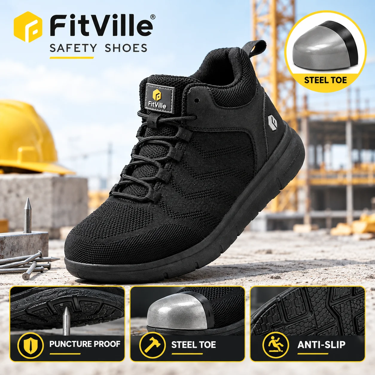 FitVille Men's Safety Work Boots Wide Width Composite Steel Toe Waterproof Antislip High Top Outdoor Shoes for Construction