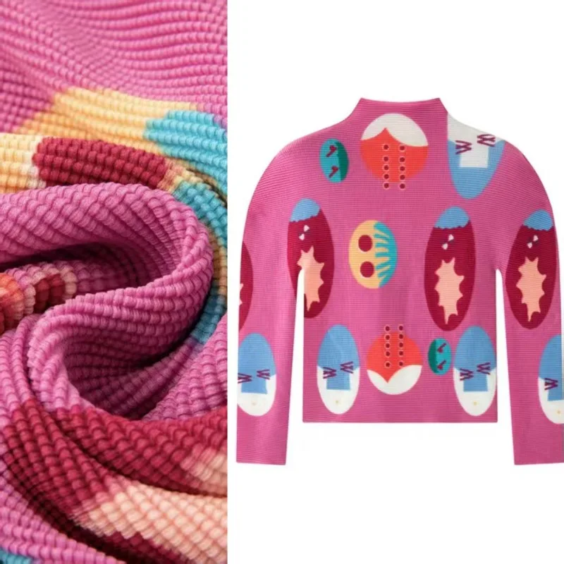 

Miyake Pleated T-shirt 2026 New Women's Spring Fashion Print Small High Neck T-shirt Corn Grain Slim Hundred Short-sleeved Tops