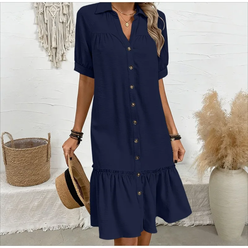 

Casual Mini Dress for Women Summer 2026 New V-Neck Ruffles Short Sleeve Short Skirt Ladies Fashion Loose Button Dresses