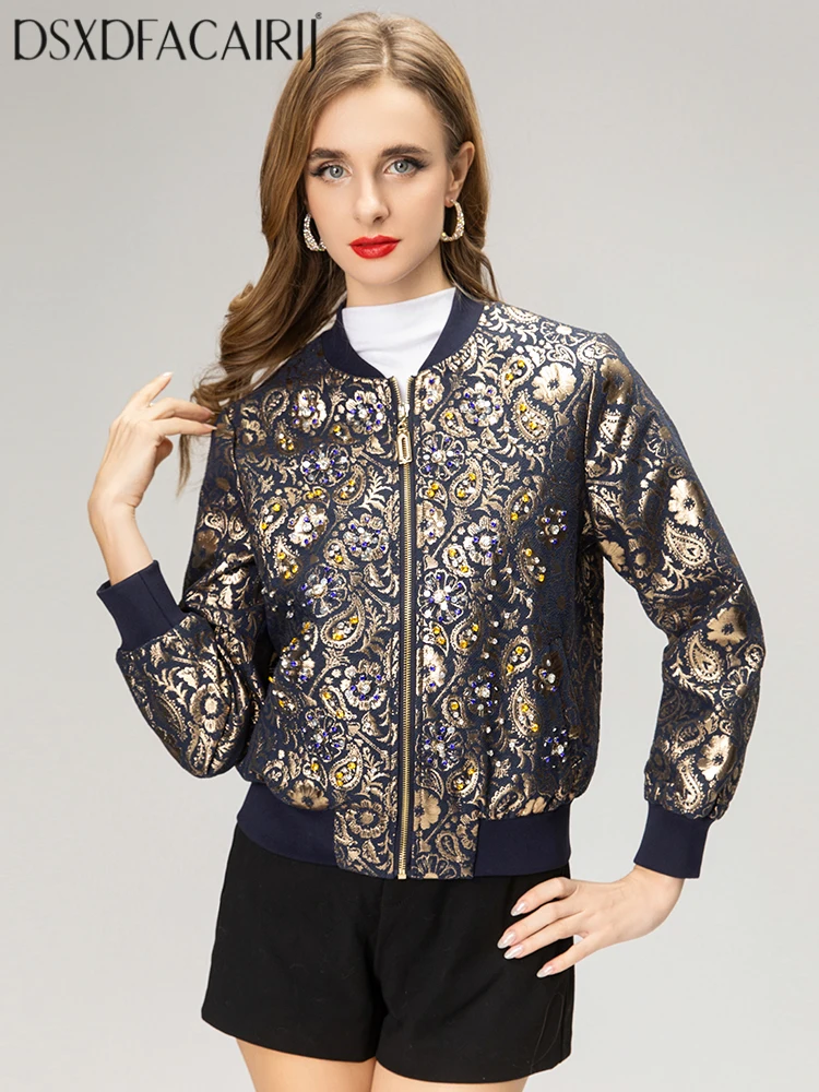 

DSXDFACAIRIJ Women's O-Neck Jacket with Pockets Long Sleeve Vintage Jacquard Sequins Diamonds Fashion Autumn Jacket for Females