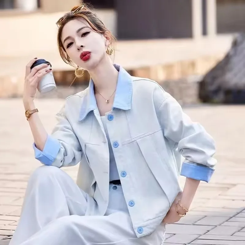 2025 المرأة التباين الدنيم سترة جديد ربيع الخريف موضة الكورية السيدات ملابس خارجية بولو طوق عادية أنثى معطف قصير القمم #4