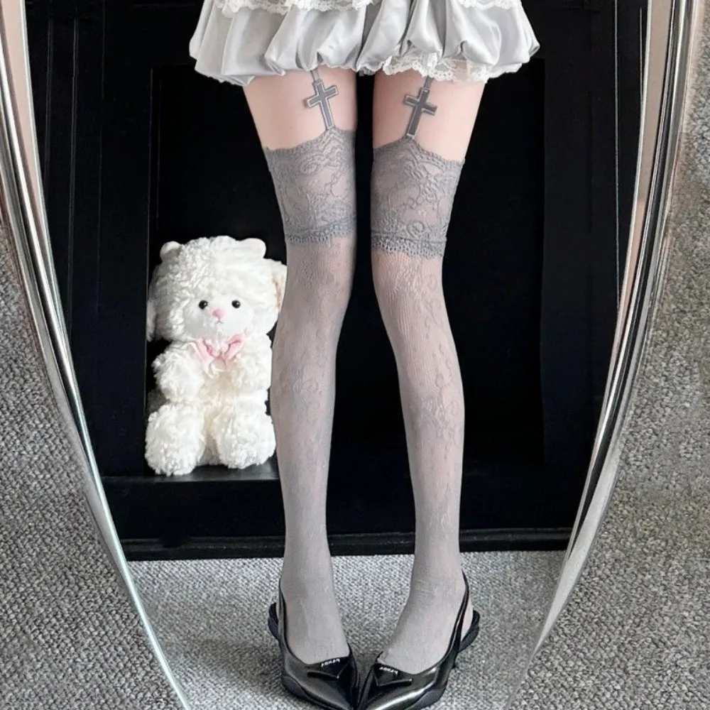 جديد أسود أبيض جوارب جوارب طويلة نمط الدانتيل مع تصميم الصليب الجوارب الطويلة جوفاء رقيقة جدا الصيد صافي الجوارب مثير الطرف #5