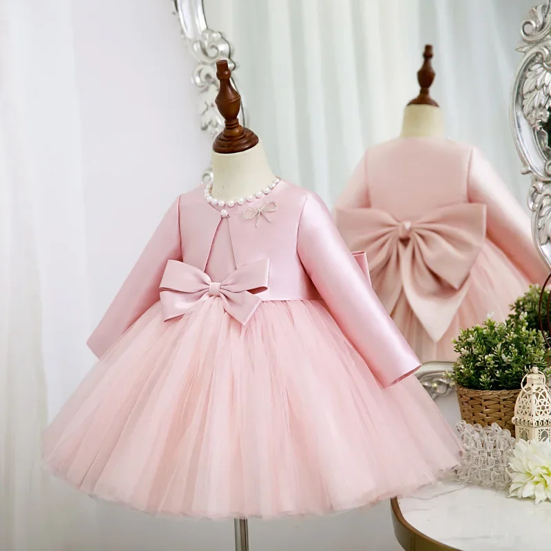 Spring Autumn Baby Girl Dress Round Collar Pink Sleeveless Princess Dresses+Long Sleeves Coat Party Wedding Formal Clothes E6000