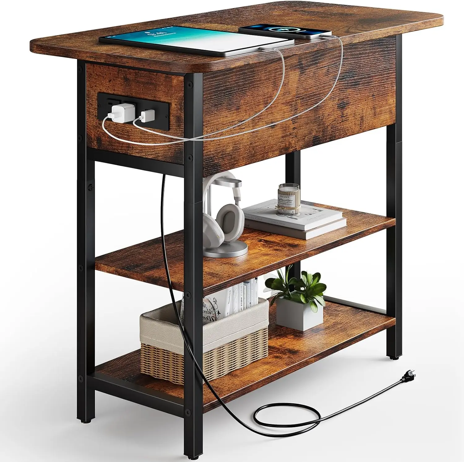 

End Table with Charging Station, Flip Top Side Table with USB Ports and Outlets, Sofa Couch Table Bedside Table for Living Ro