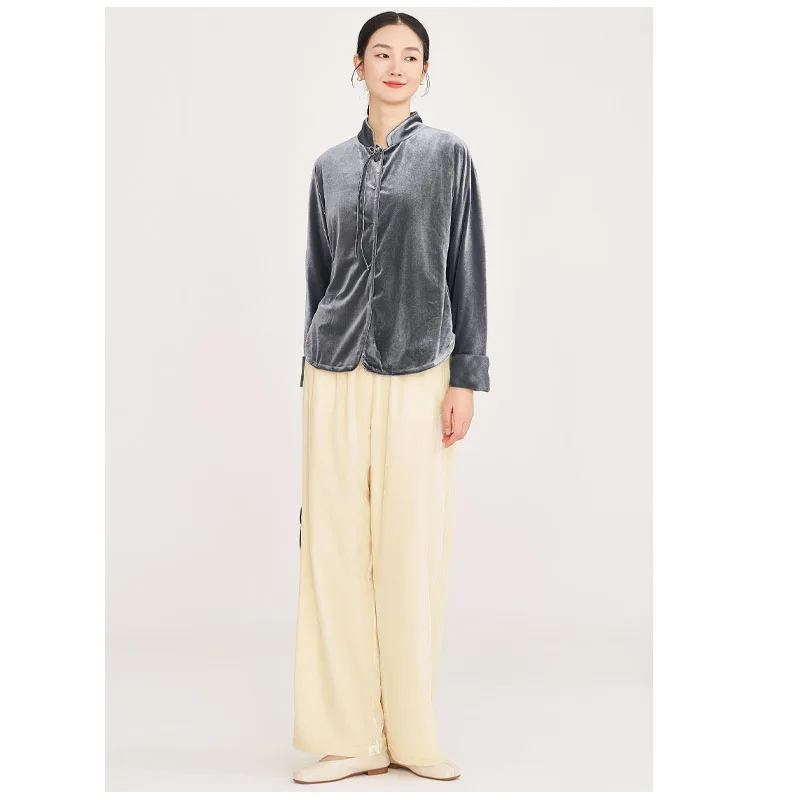 

100% Natural Silk Velvet Ladies Shirt Stand Collar Retro Elegance Blouse Soft Light Elegant Comfortable Skin-friendly Top.