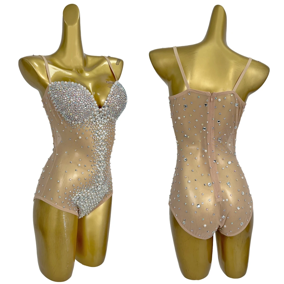 

Sexy Dance Performance Sexy Outfit Sparkling Crystal Pearls Gymnastics Leotard See Through Mesh Sleeveless Bodysuit Yemingzhu