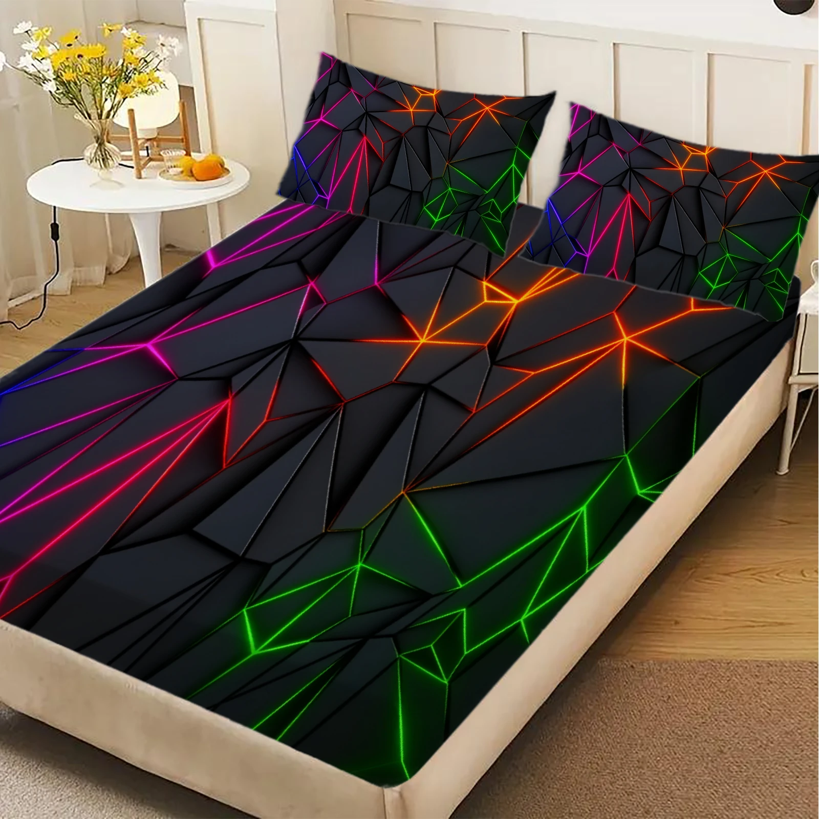 3PCS Multi-color Fitted Sheet Gemoetric Fragment Printed Flat Sheet Set With Pillowcases No Filling Cool Vivid Visual Style