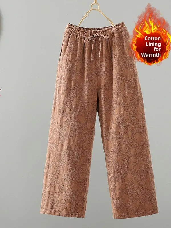 2025 جديد غير رسمي الفني واسعة الساق سراويل قطنية عالية الخصر الحرارية المرأة حجم كبير التخسيس مستقيم الساق بنطلون