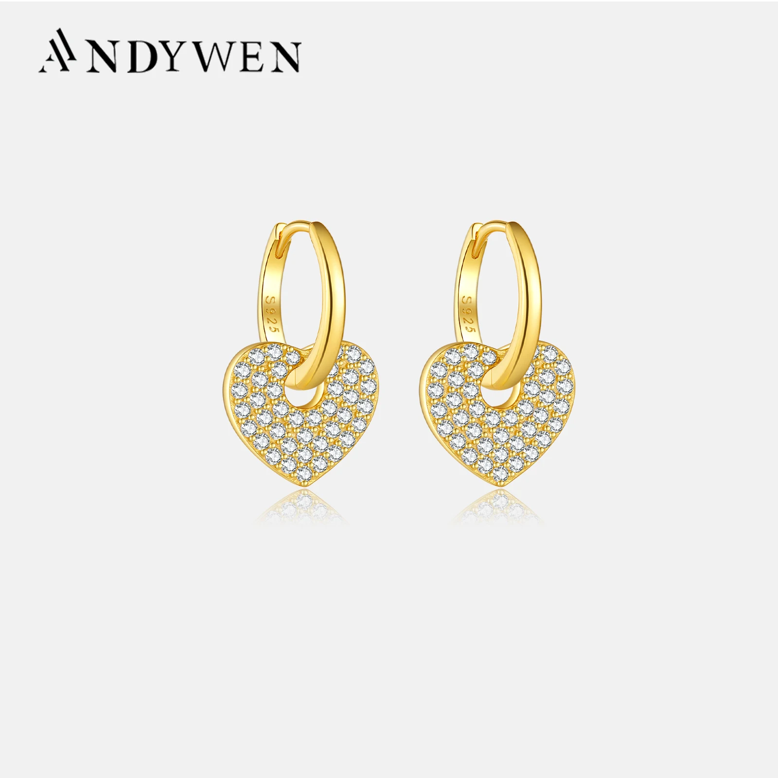 ANDYWEN 925 Sterling Silver 8.5mm Drop Earring Piercing Pendiente Big Heart Luxury Crystal Pave Fashion Clips Jewelry Gift