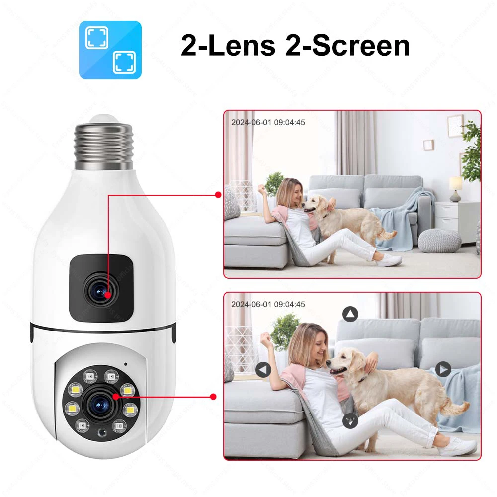 4K 8MP E27 Bulb Camera WiFi Indoor Dual Lens Wireless PTZ Cams Smart Home Auto Tracking CCTV Video Surveillance Security Camera