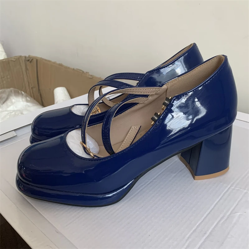Elegant High Heels Pumps Women\'s Mary Janes Shoes Large Size 45 Strap Black Blue Red Pink White Block Heeled Party Wedding Shoes