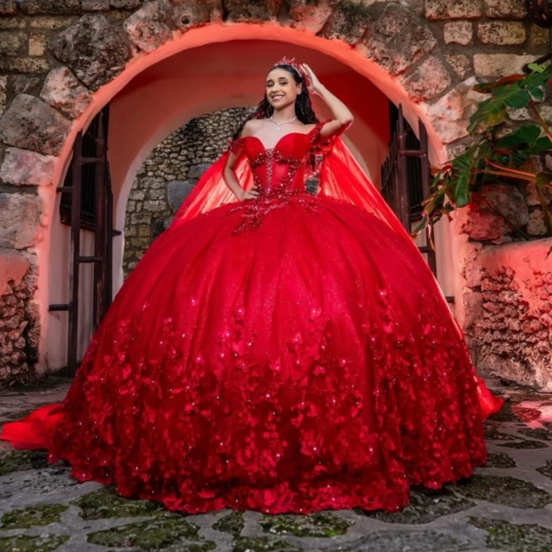 

Red Shiny Quinceanera Dresses Ball Gown Off The Shoulder Applique Lace Beading Crystal With Cape Tull Corset Sweet 16 Dress Vest