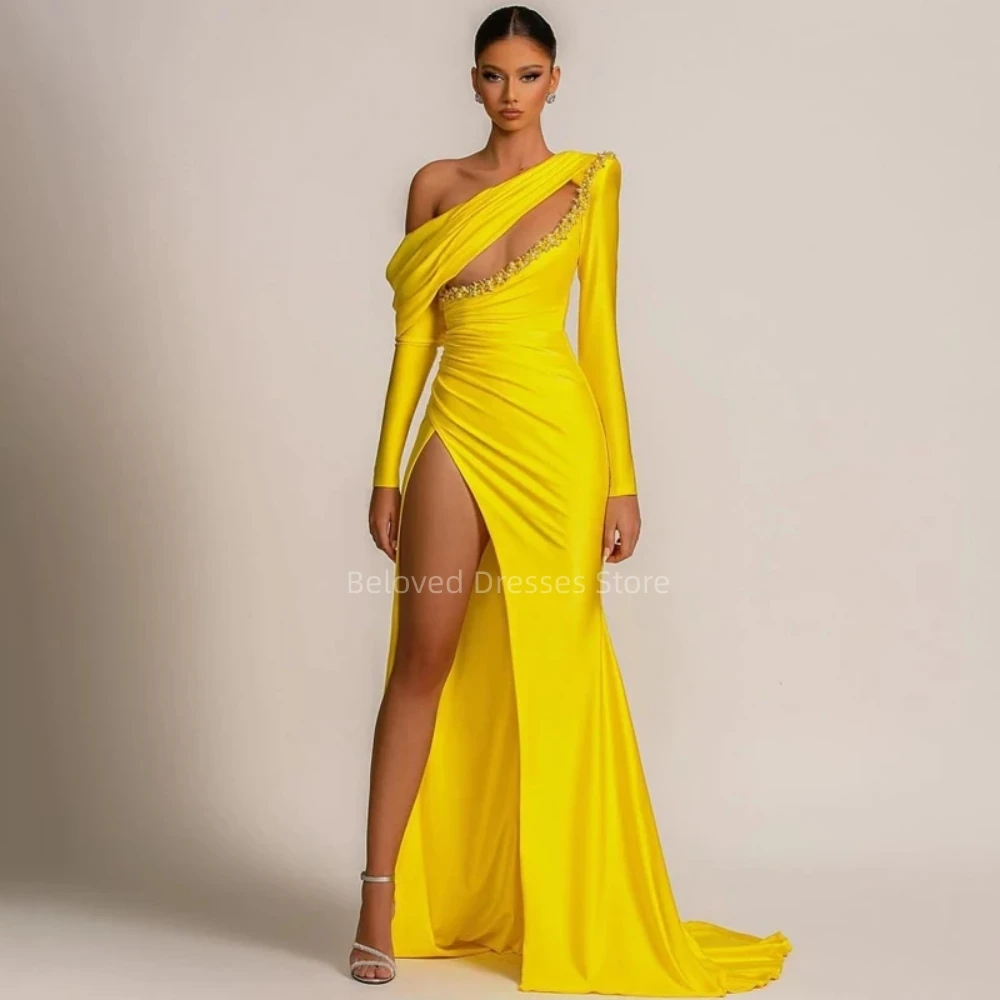 Yellow Satin Mermaid Floor-Length Prom Dresses High Split Pearls Customized Evening Dresses Vestidos Para Eventos Especiales