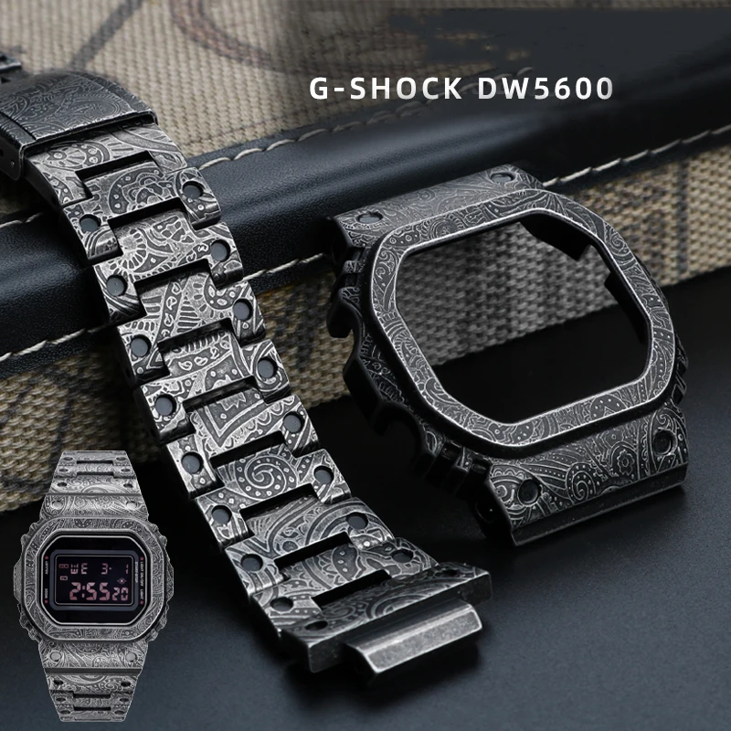 New DW5600 Metal Set Watch Strap Case 316L Stainless Steel Carved Pattern Watchband for DW5000 DW-5600 GW-B5600 Bezel Belt Tools