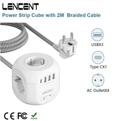 LENCENT Power Strip Cube with 2M Braided Cabe  4 AC Outlets 3 USB Port 1 Type C  Multi Socket Power Adapter with Switch for Home