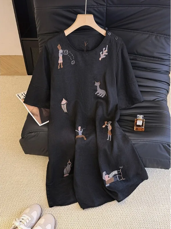 Rétro brodé ort Sve Dr T-shirt ample Sle Summer Faion artistique grande taille femme Dr mi-longue A-Line S...