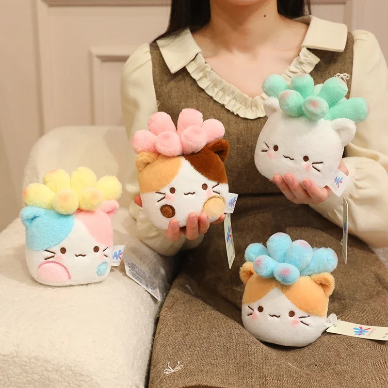 

Cute White Green Succulent Cat Plush Toy Soft Fluffy Potted Plant Stuffed Animal Kawaii Cat Plushie for Desk Decor