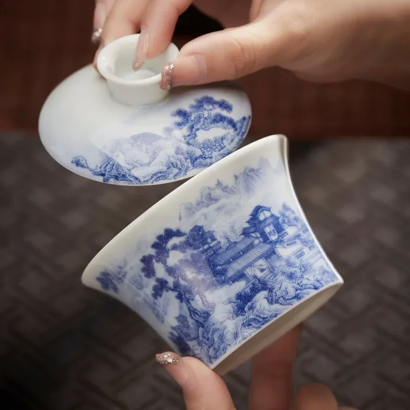 Blue and White Porcelain Three-color Cover Bowl, Rock Tea Brewing Tea Bowl, Penglai Fairyland Cover Bowl, Master Cup, Pu'er Cup