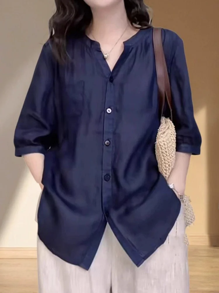 Faionable Single-Button Loose Women's irt Commute Pure Color Summer 2025 Korean Sle Casual Loose Top Women's Faion
