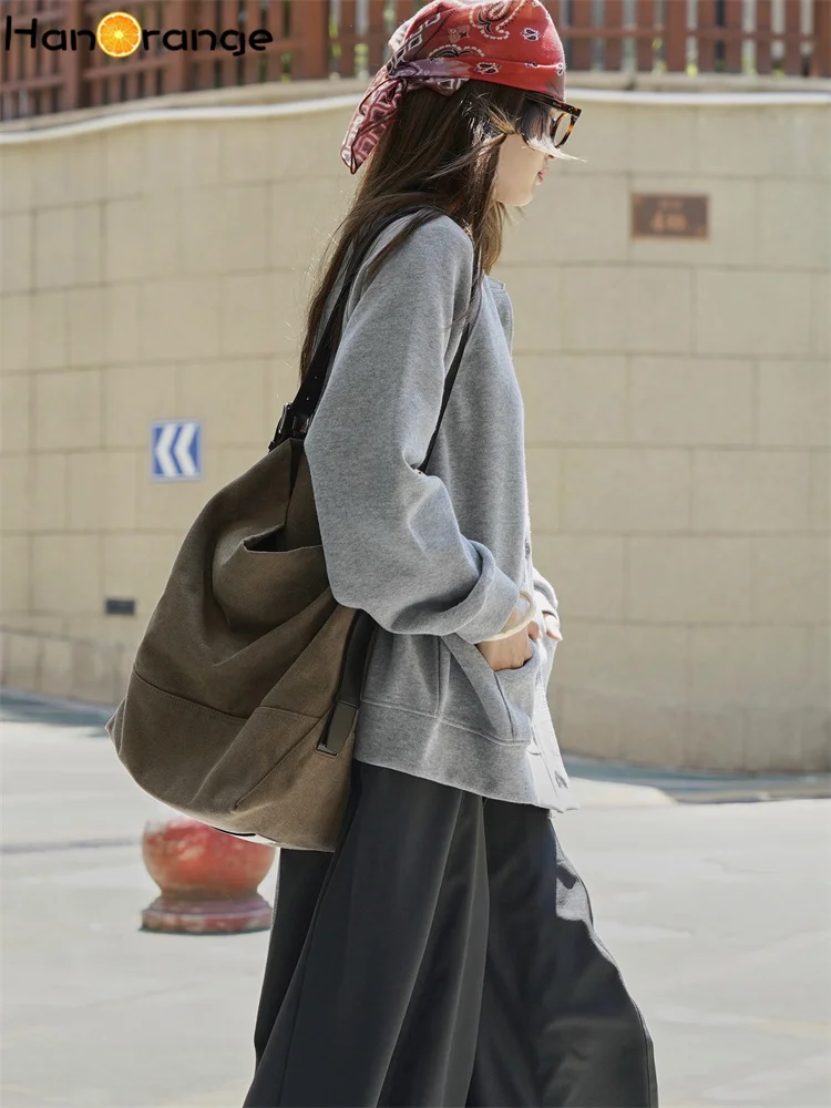 HanOrange 2025 Early Autumn Casual Off Shoulder Baseball Collar Cardigan Sweatshirt Women Soft Sticky Stacked Top Grey/Purple