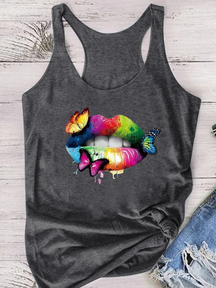 Multicolored Lips Butterflies Printed Tank Top Women Sleeveless Summer Tee Shirt Harajuku Crew Neck Ladies 90s Tops Ropa Mujer