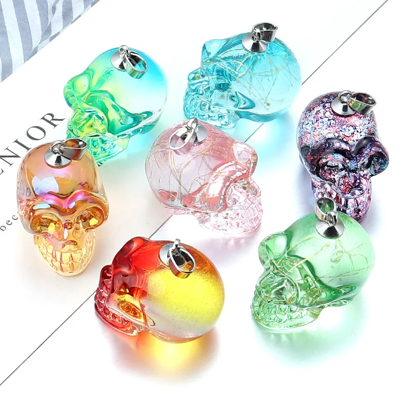 26x18mm Glass Glazed Skull Head Pendant Charms Polished Figurine Crafts Halloween Party Decoration Gift Chain Necklace Jewelry