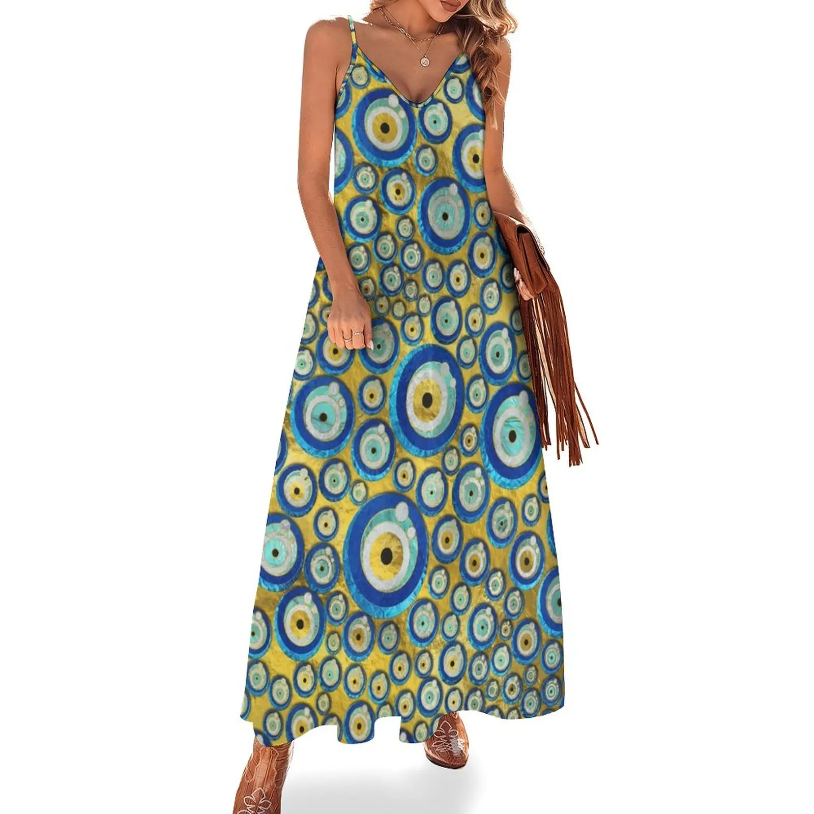 Greek Blue Glass Evil Eye Amulet Pattern Sleeveless Dress Woman fashion elegant and pretty women's dresses