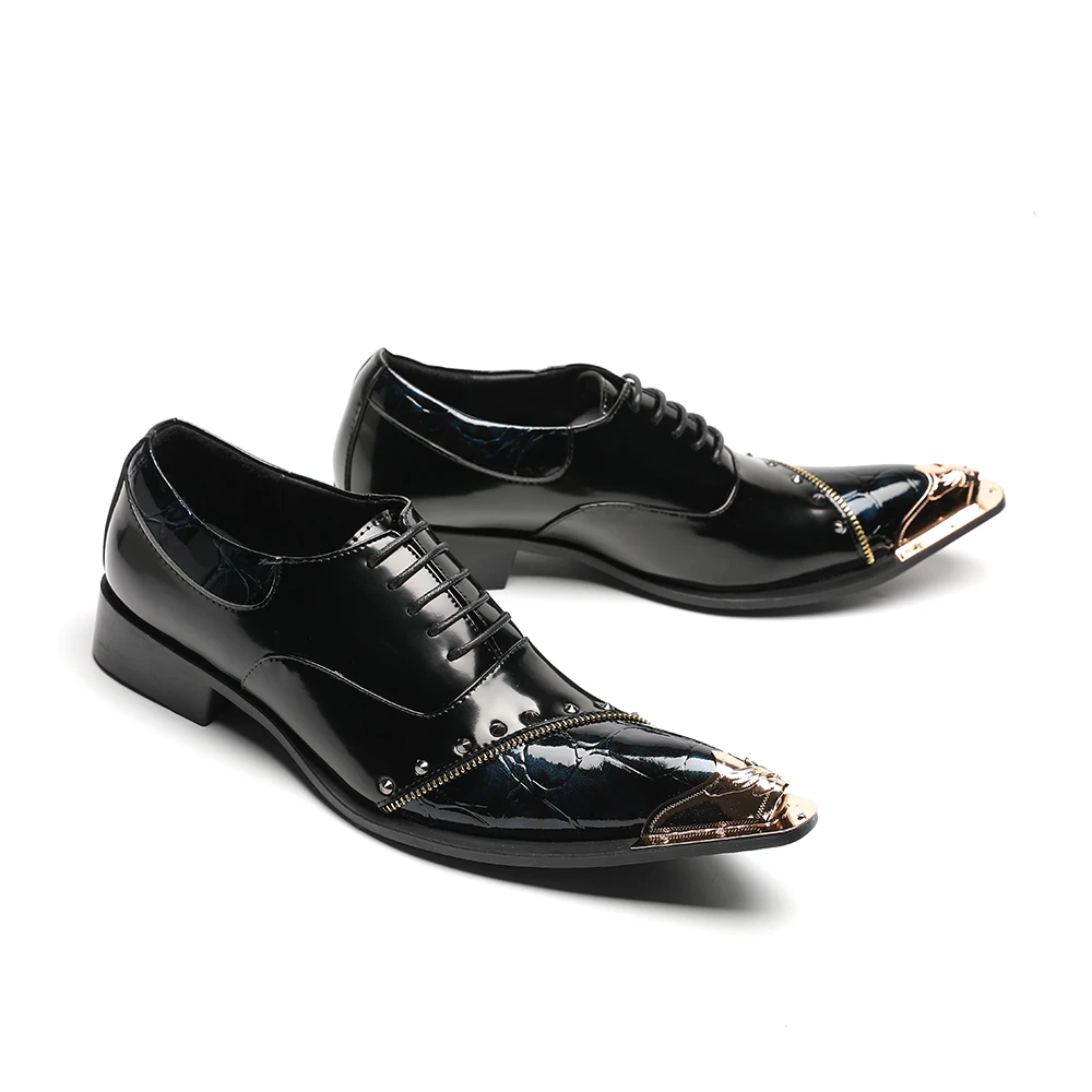 Zapatos Italian Black Metal Pointed Toe Wedding Party Dress Shoes Plus Size Men Business Oxford Shoes Male Real Leather Brogues