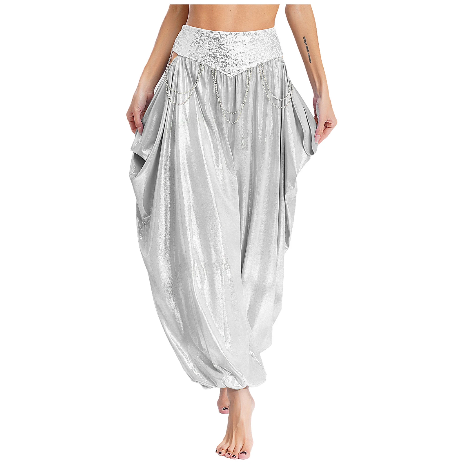 

Belly Dance Metallic Pants Cosplay Princess Bellydance Costume Sparkling Sequins Waistband Rhinestone Chains Bloomers for Women