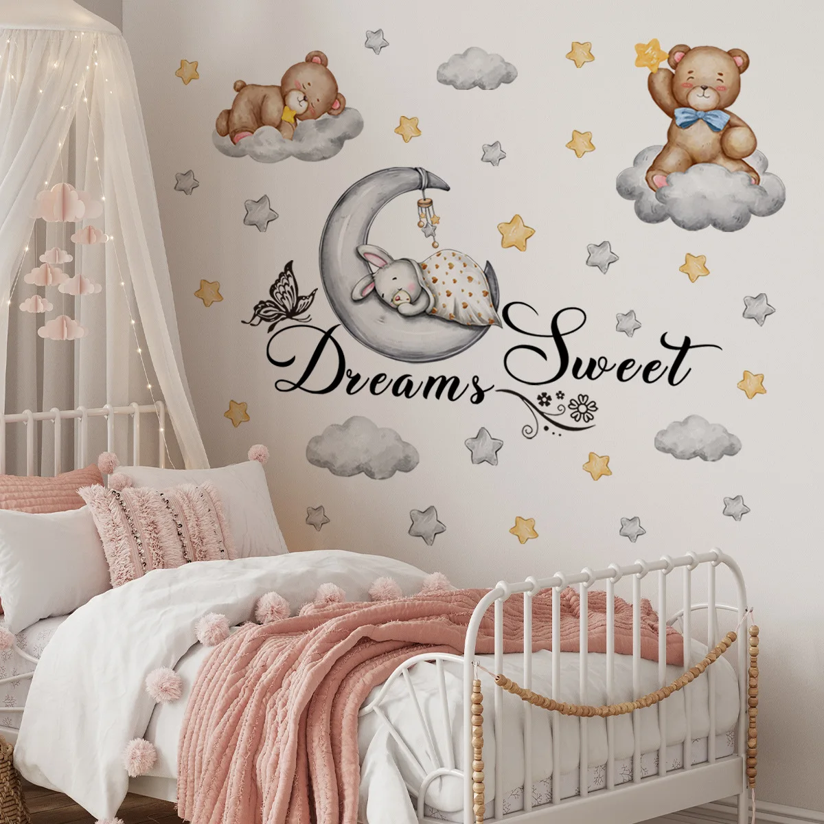 

Moon Star Cartoon Wall Stickers For Bedroom Nursery Room Bear Decoration Mural Self-adhesive For Baby Room Dream Sweet Decals