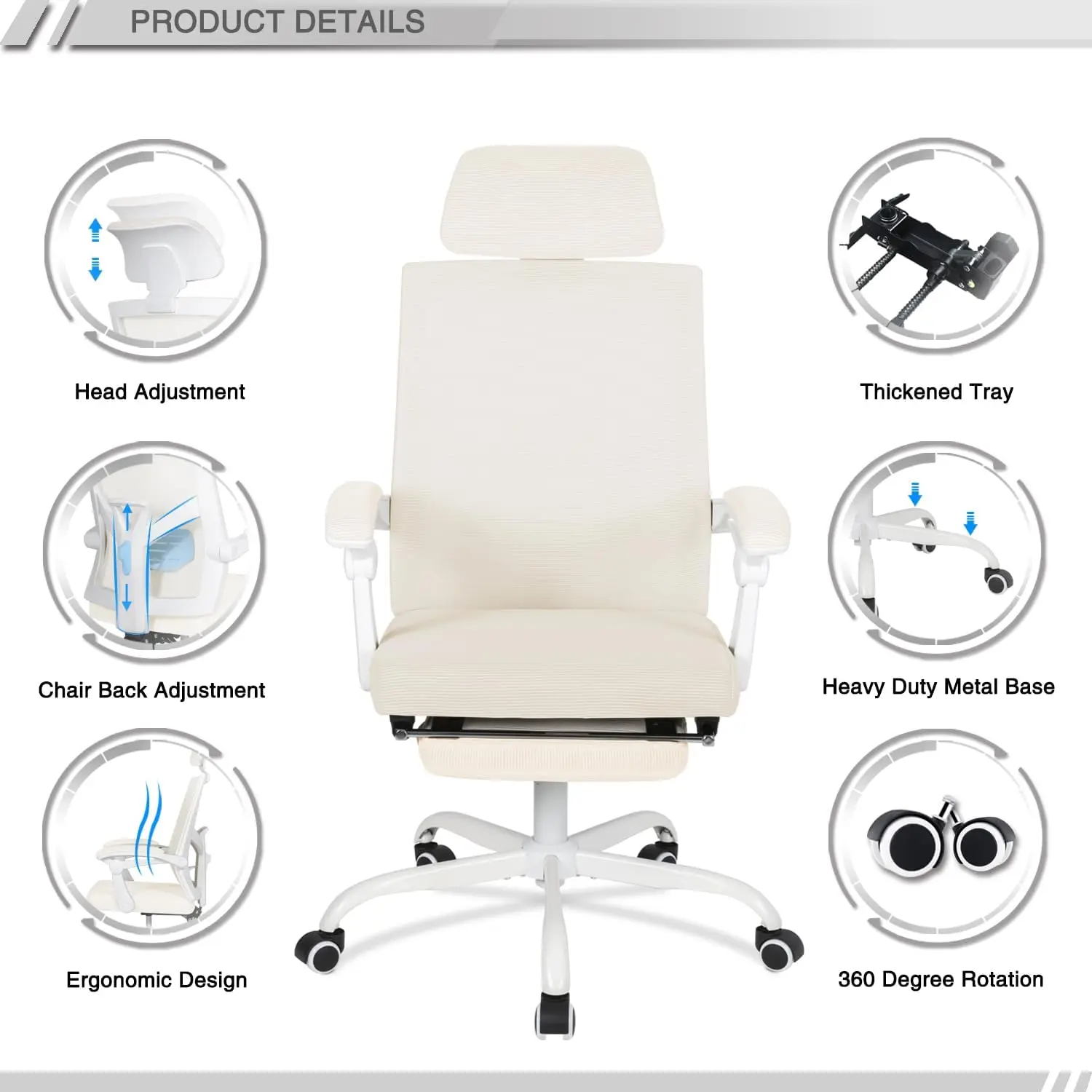 Mesh Ergonomic Office Chair with Footrest Home Office Desk Chair with Headrest and Backrest  Adjustable