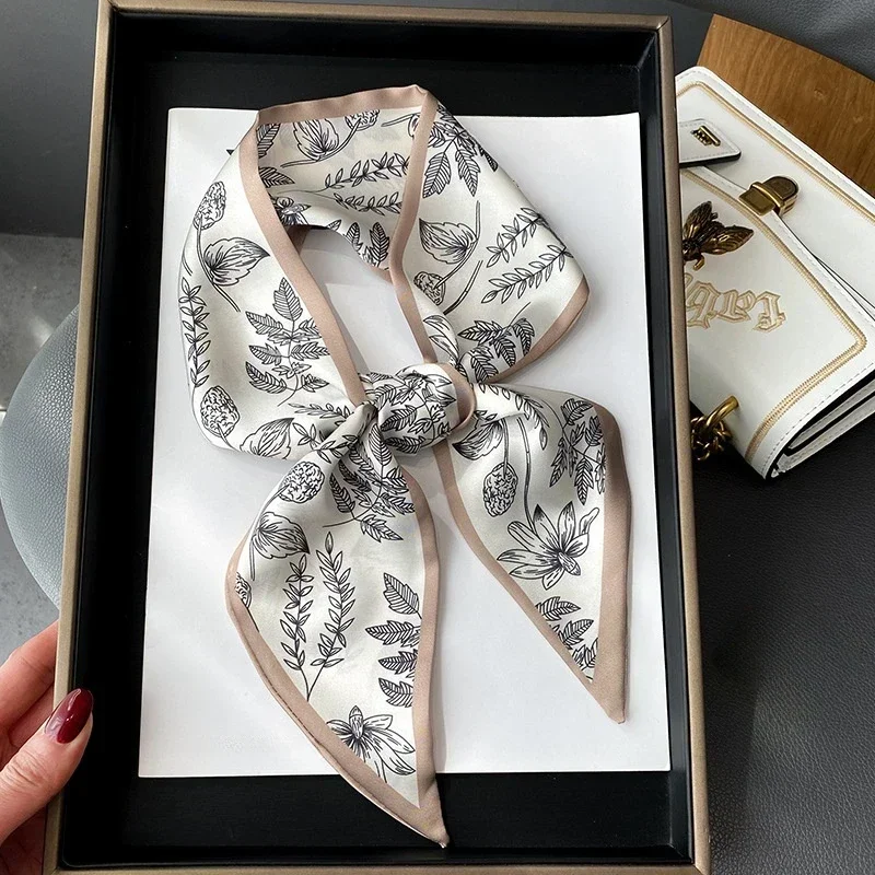 Mode impression cheveux ruban écharpe femmes cou cravate sac écharpes Satin soie maigre foulards dames Foulard bandes florales 2025 nouveau