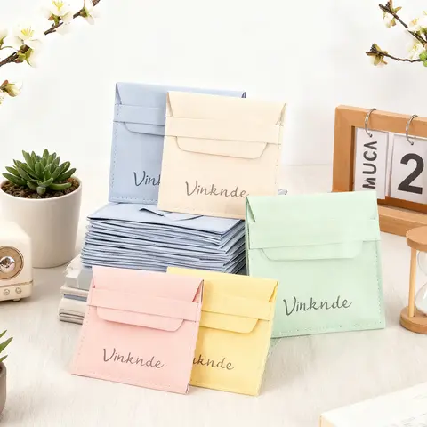 Custom Emboss Logo Earring Necklace Bags Bracelet Ring Velvet Envelope Flap Packaging Sack Microfiber Gift Pouches With Logo