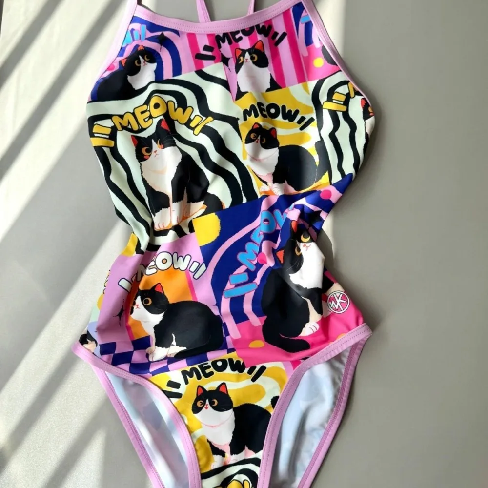 Mignon arc-en-ciel ondulation chat noir imprimé une pièce Bikinis maillots de bain étudiants filles jeunes femmes vêtements de plage Kawaii maillots de bain Y2K