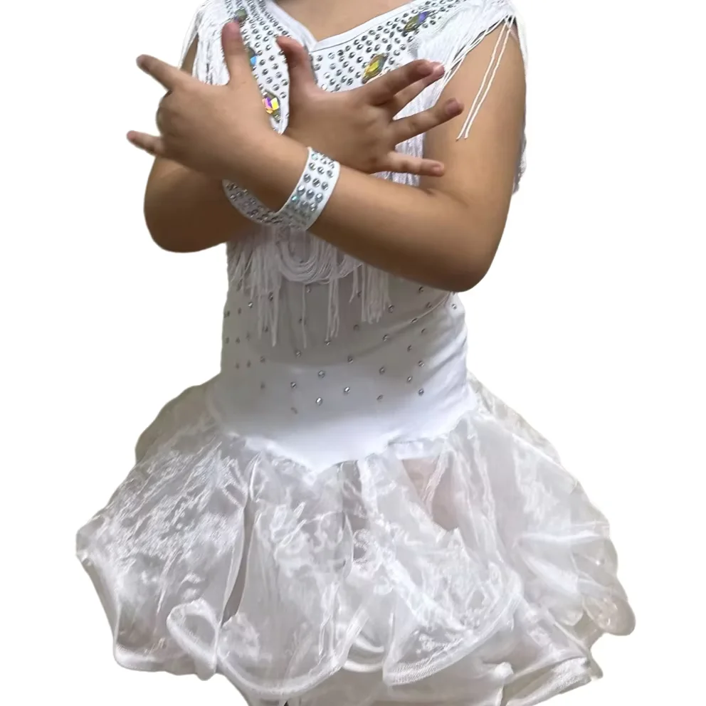 Trajes de Baile Latino para Niñas, Falda Latina con Lentejuelas, Traje de Competición, Vestido de Salsa Marrón para Niñas