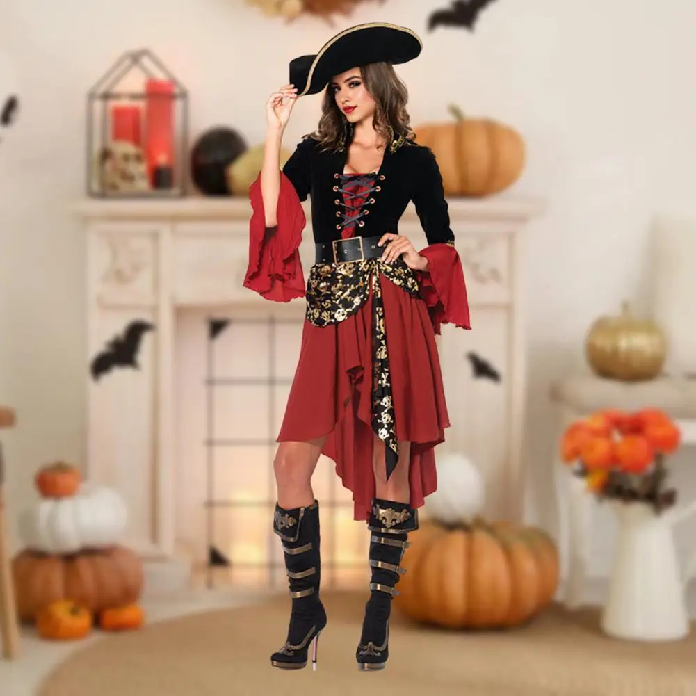 

Pirate Theme Costume Pirate Queen Halloween Cosplay Dress with Bell Sleeves Lace-up Strap Belted Waist for Stage Performance