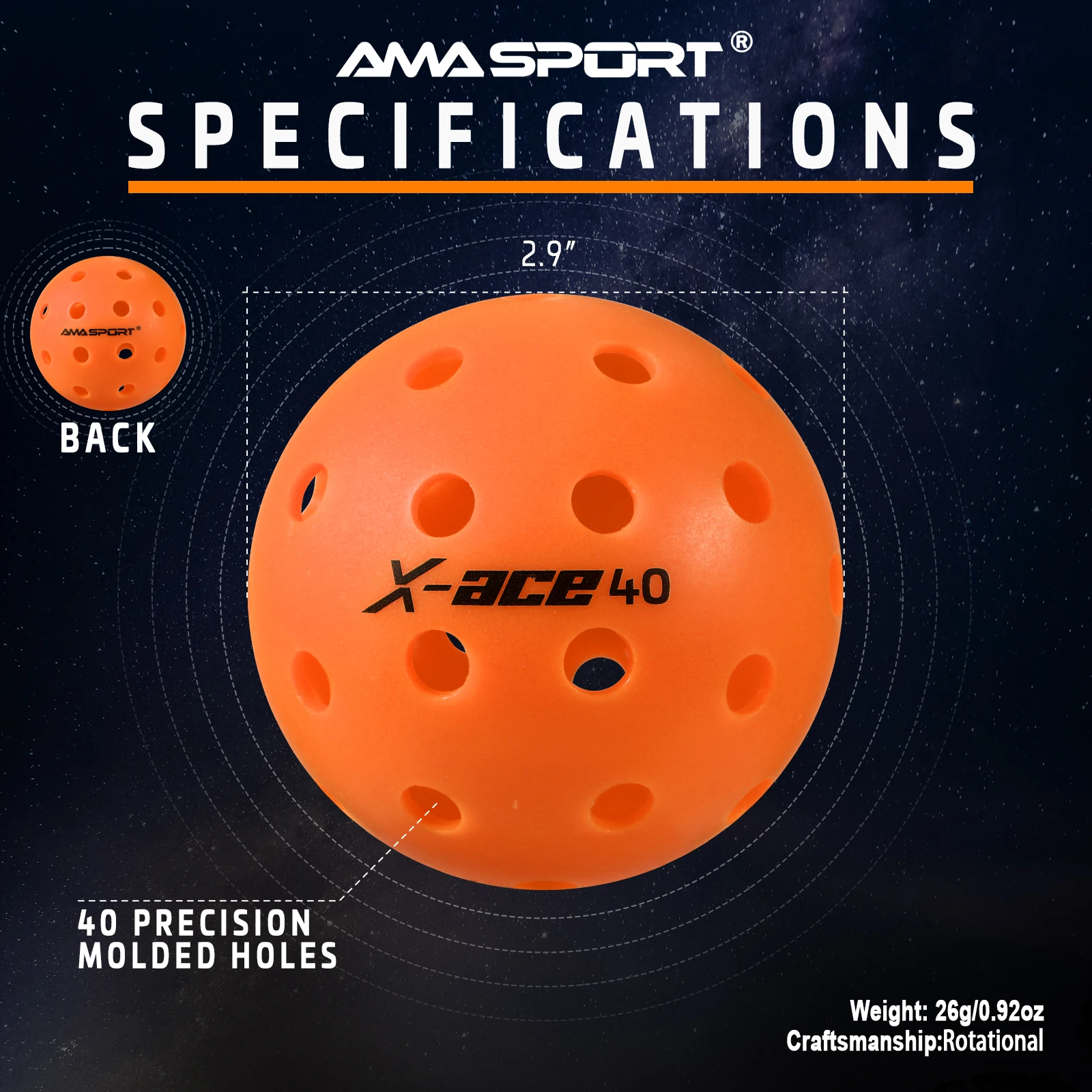 AMA Sport X-ACE Pickleballs 40 Hole Outdoor Pickleball Balls Crack-Resistant ONE Piece Balls 100% POP for Immediate Feedback-ORG