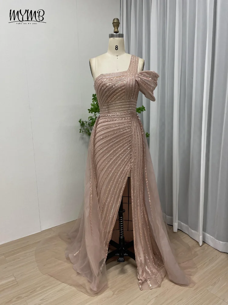 MYMB Dubai Graceful Off spalla sirena donne abiti da festa di nozze arabo Sexy High Split aperto indietro abiti da sera con paillettes