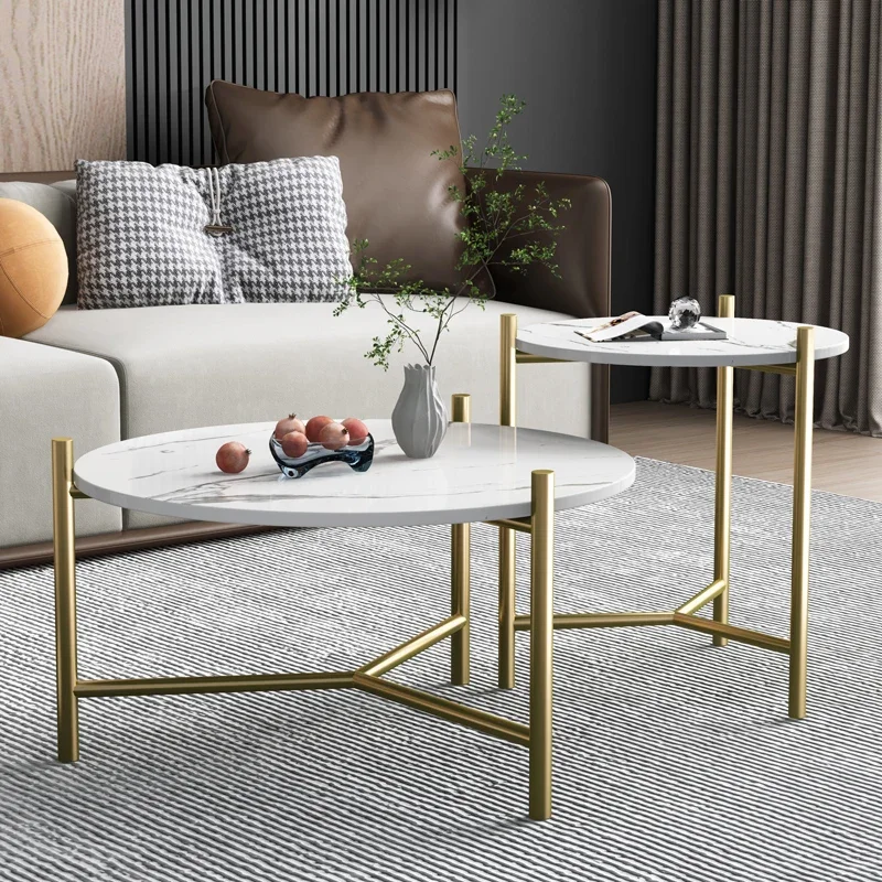 HXL Stone Plate Special-Interest Design Stainless Steel Living Room round Gold-Plated Coffee Table