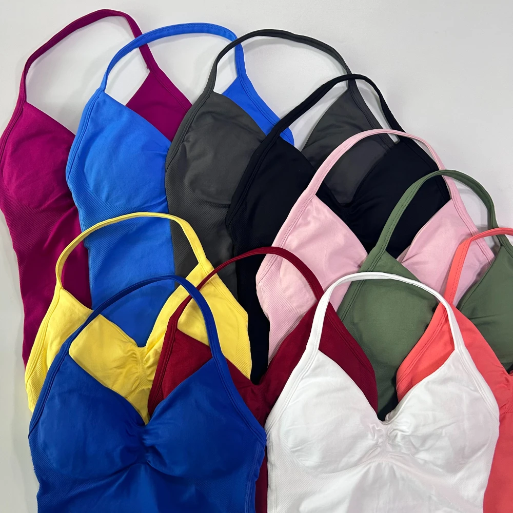 Pericic Longline Strappy Top Damen Nahtloses Yoga-Tanktop mit eingebautem BH, gerafftem Rücken, ärmelloses Shirt, Fitness-Oberteil – Detail 7