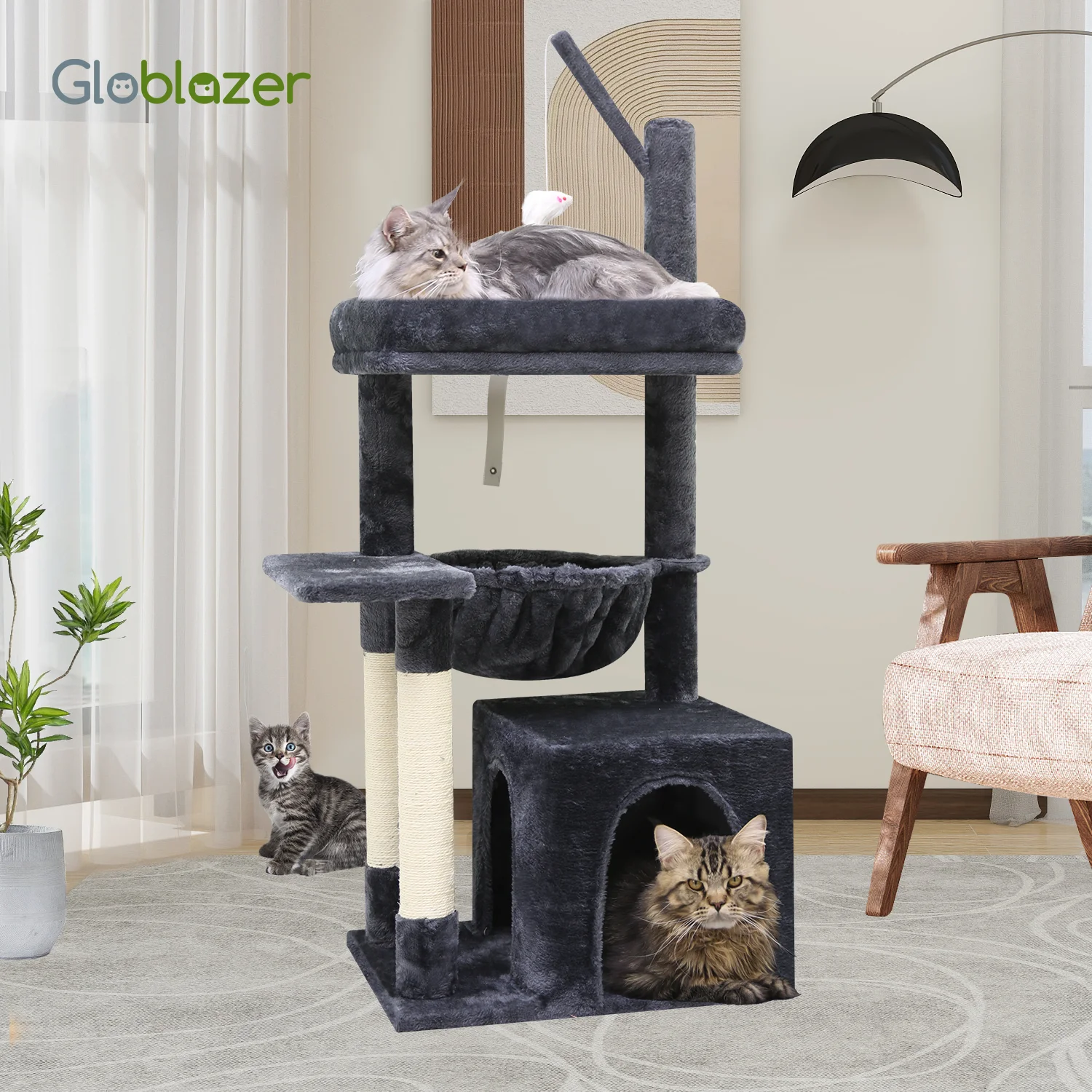 

F46A Cactus Cat Tree Tower | 46-Inch Sturdy Cat Condo with Scratching Posts, Hammock,and Anti-Tip Kit & Large Big Cat, Dark Gray