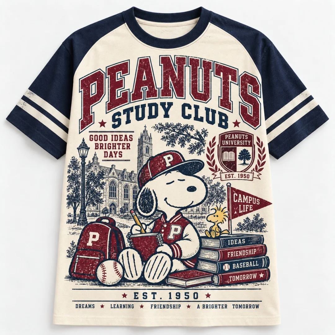 Snoopy Peanuts University Vintage Graphic T-shirt Retro College Raglan Striped Short Sleeve Kids Tee Unisex Summer Casual Tops